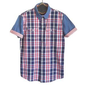 HENUS EDWIN 95 Plaid Chambray Sleeve Collar Button Down Front Cotton Shirt M NWT